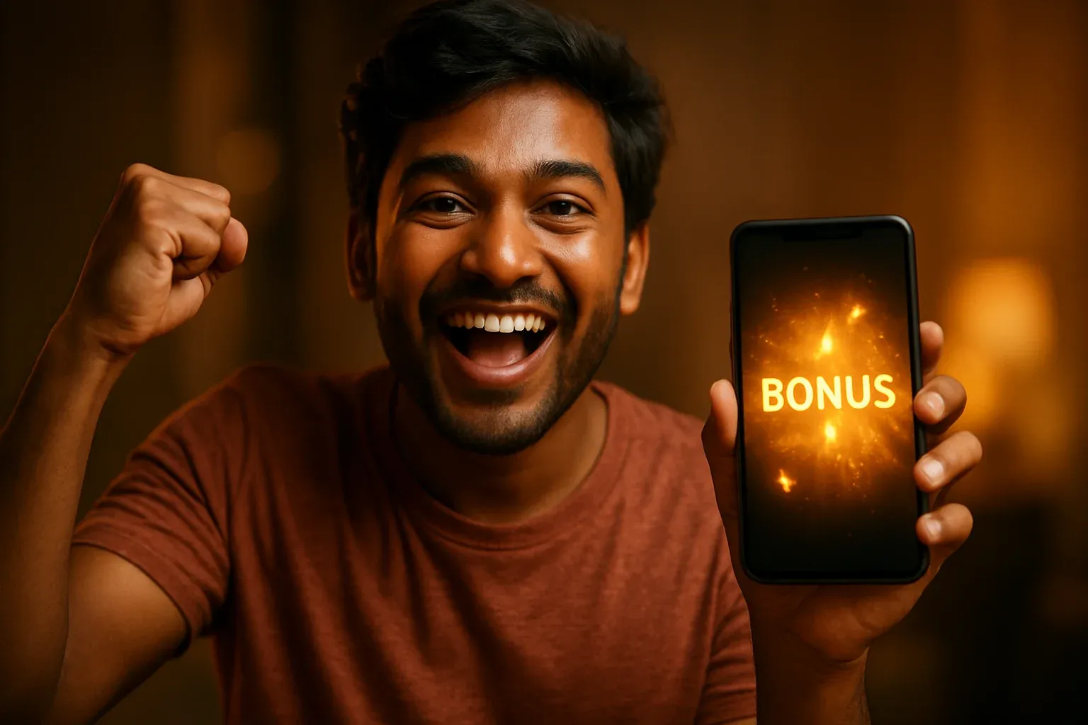 Joyful Bangladeshi man celebrating with smartphone showing glowing golden bonus notification
