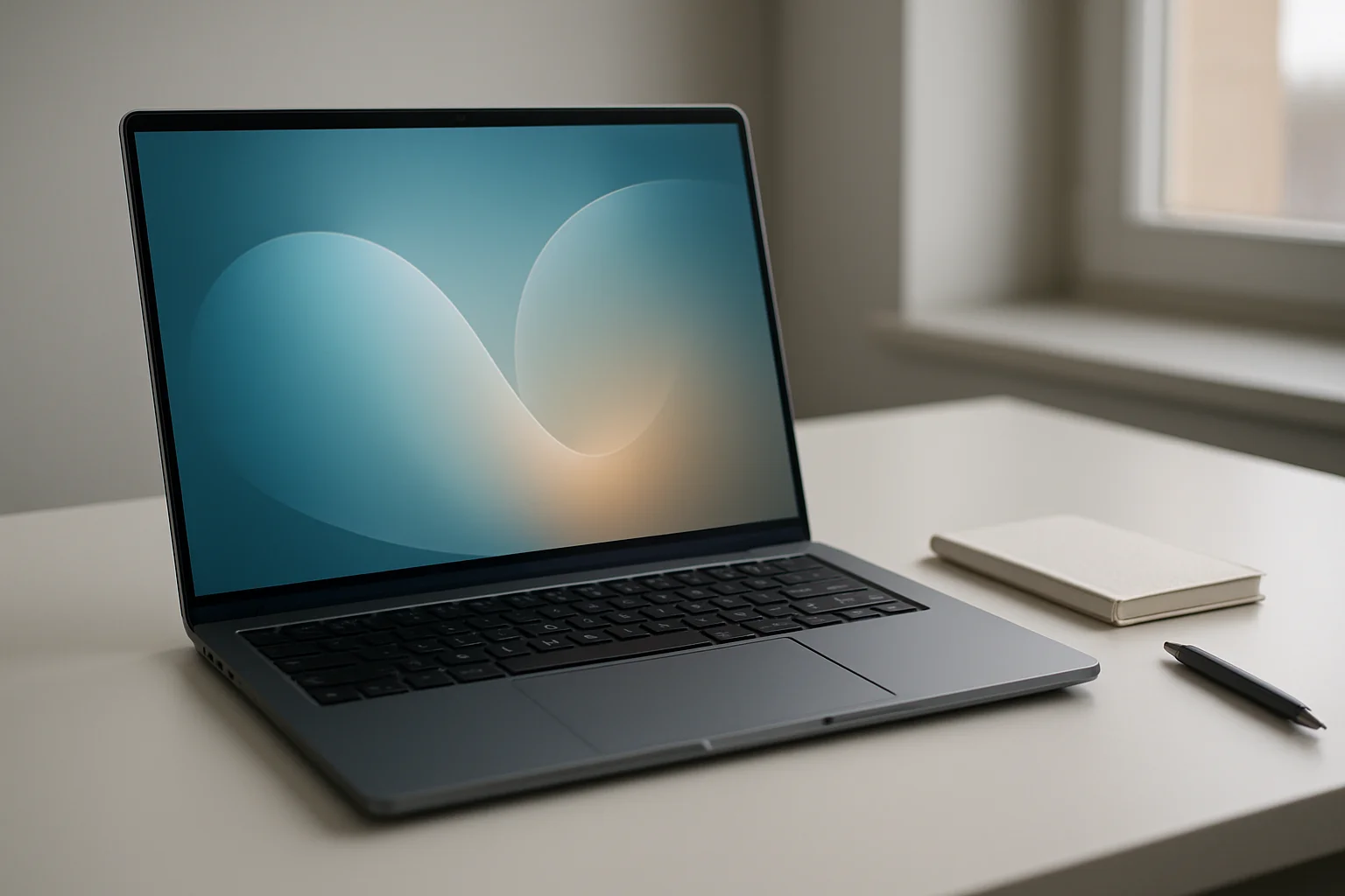 Modern laptop on white desk with abstract glowing screen in daylight