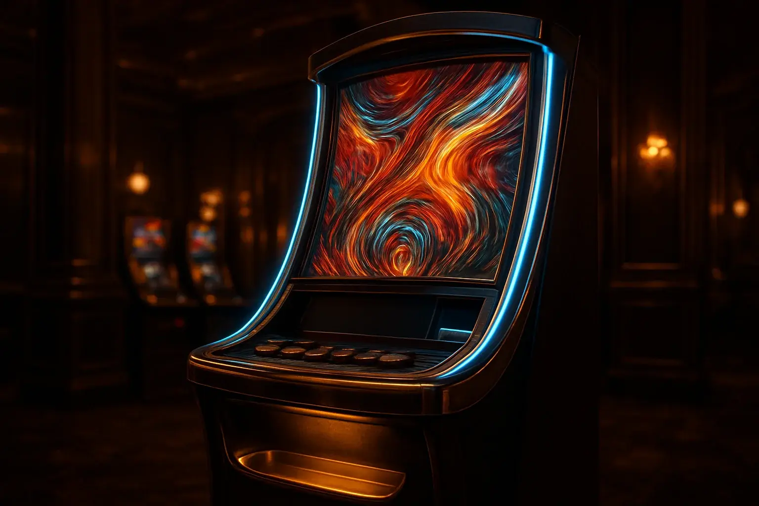 Hyperrealistic premium slot machine in dark luxury setting with neon lighting
